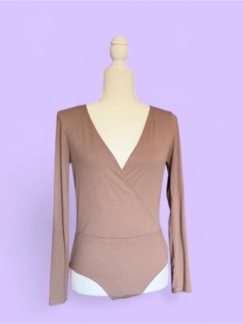 Ribbed Wrap-Front Long Sleeve Bodysuit - Taupe, Light Beige in size M